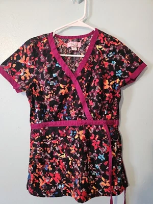 Koi Brand Bright Multicolor Flowers / Splotches Scrub Top - sz XXS - Image 1 of 4