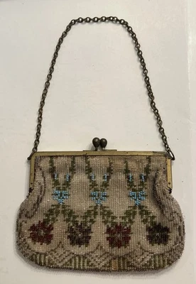 Antique Vintage Micro Seed Bead Floral Mosaic Purse Metal Frame 1900s - Image 1 of 4