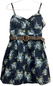 DEB 2X dress blue floral print v  neck belted waist button down sleeveless - Picture 1 of 6