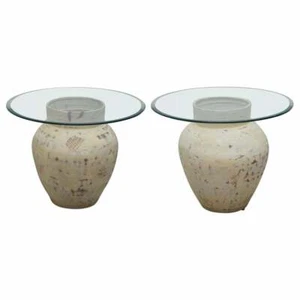 PAIR OF POTTERY URN POTS, LARGE THICK BEVELLED GLASS TOPS SIDE END LAMP TABLES - Picture 1 of 12