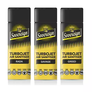 4 x SOVEREIGN TURBO JET AIR FRESHENER SANITISER SPRAY CAR HOME OFFICE BLAST CAN - Picture 1 of 24