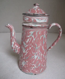 Antique French Enamel Coffee Pot Marblelized Pink, Green & White, insert 9" tall - Picture 1 of 9