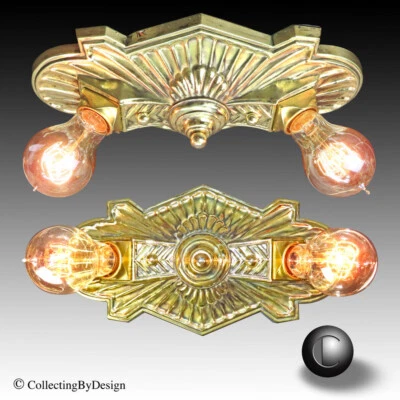 Vintage Art Deco Pressed Brass 2-Bulb Flush Ceiling Fixture c.1930 - Image 1 of 4