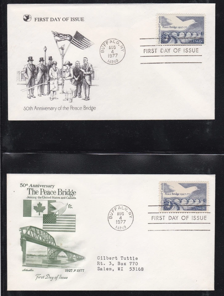 USA 1977 3 FDCs 50th ANNIV OF PEACE BRIDGE BETWEEN USA & CANADA + CAHCETS - Image 1 of 2