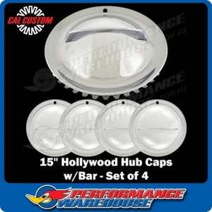 15 Inch Chrome Universal Hollywood Style w/Bar Wheel Hub Moon Cap Cover Set of 4 - Picture 1 of 4