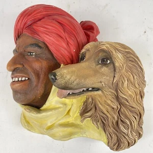 Vintage England Bosson Chalkware Wandbehang Büste Afghani Man & Afghan Hound - Bild 1 von 13
