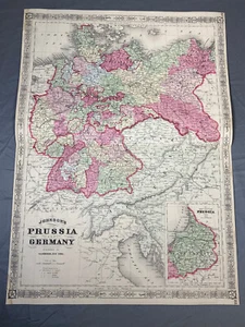 1866 GERMANY & PRUSSIA Colored Map 23" X 17" ~ A.J. Johnson Map - Picture 1 of 11