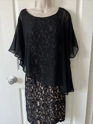 MSK Vestido de Encaje Mantón Superpuesto de Gasa Transparente Negro y Desnudo Boda Fiesta Cóctel Talla 8 Foto 1 de 4