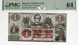 Missouri - State Note 1862 $1 - CR-13 - CSA - PMG CU 64 - PLUS - Civil War! - Picture 1 of 2