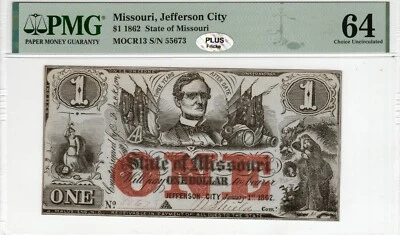 Missouri - State Note 1862 $1 - CR-13 - CSA - PMG CU 64 - PLUS - Civil War! - Image 1 of 2