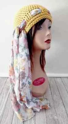 Hecho a mano ganchillo mujer flor bufanda sombrero gorro quimioterapia otoño amarillo Foto 1 de 2