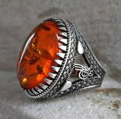 Anel masculino Tughra oval sólido prata esterlina 925 pedra âmbar báltico otomano - Imagem 1 de 4