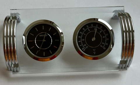Seiko Desk Clock Thermometer Combo Glass Case Chrome Stand - Beautiful! Cover