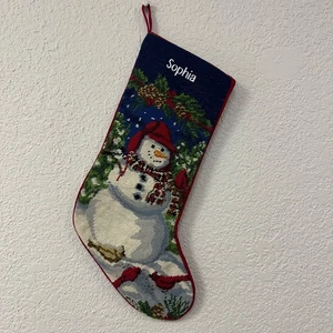 LL Bean Needlepoint Wool Front Snowman Cardinal Christmas Stocking "Sophia" - Picture 1 of 10