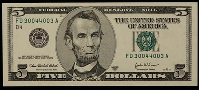 FR 1991-D $5 2003 A Federal Reserve Note US - XF - Binary - SKU-CA1609 - Image 1 of 2