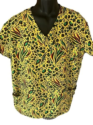 Divine Curves Scrub Top Women's 1X Yellow Green Pink Black Animal Print V-Neck - Image 1 of 4