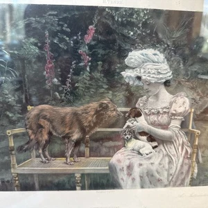 c.1880 "an Invitation" Photogravure By Henry Tenre Hand Colored Pets Victorian - Picture 1 of 13