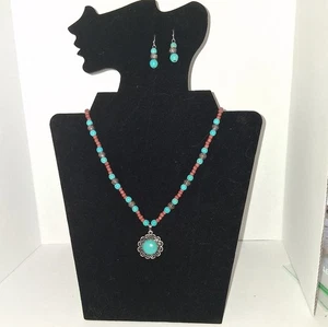 Dyed Howlite Beaded Necklace Dangle Earring Set Southwestern Turquoise Brown - Picture 1 of 8