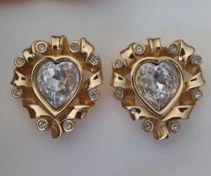 GORGEOUS SWAROVSKI SWAN GOLD-TONE CRYSTAL RHINESTONE HEART FILIGREE EARRINGS - Picture 1 of 10