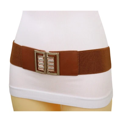 Women Brown Color Elastic Fashion Stretch Wide Belt Gold Bling Square Buckle S M - Image 1 of 4