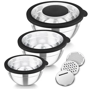 Mixing Bowls 3PCS Stainless Steel Serving Salad Bowls with Lids & 3 Graters F... - Picture 1 of 8