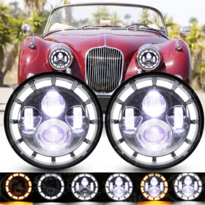 Für Jaguar XK150 Paar 7" Zoll Runde LED Scheinwerfer mit Heiligenschein Angel Eyes DRL NEU - Bild 1 von 24