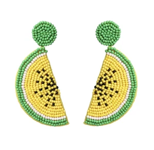 Beaded Watermelon Fruit Flower Yellow & Green Drop Summer Dangle Earrings  - Picture 1 of 2
