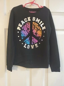 Hanes Girls Sweatshirt Black W/Silver Peace, Smile & Love, Size M - Picture 1 of 3