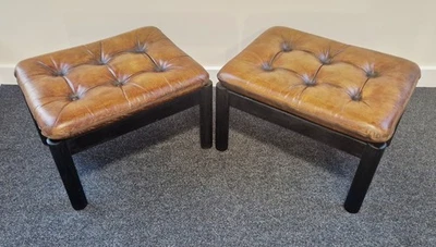 2 Mid-century Footstools, Ebonised Beech Frame, Brown Leather Tufted Cushions - Image 1 of 4