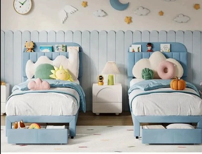 Twin Bed Frame Upholstered with Storage Platform & Bookshelf Headboard – - Image 1 of 3