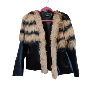 Pre-Owned Fashion Black/Brown Faux Leather and Faux Fur Jacket Size Large - Picture 1 of 3