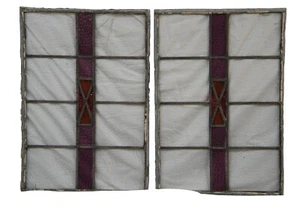 Pair of Antique Reclaimed Leaded Stained Amethyst Glass Window Panels 21" - Picture 1 of 12
