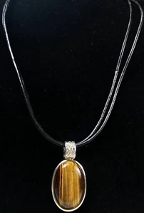 WHITNEY KELLY 925 STERLING SILVER TIGERS EYE LEATHER 17” NECKLACE (K708) - Picture 1 of 5