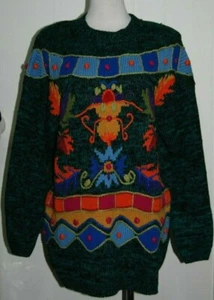 VTG 80's Kris Michele Green Abstract Floral Knit Long Sleeve Sweater Medium - Picture 1 of 5