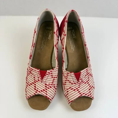 TOMS Peep Toe Heels Wedge Espadrille Red White Women's 8.5 Slip On Casual Shoes - Image 1 of 4