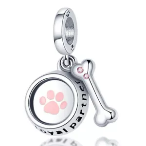 Sterlingsilber 925 Loyaler Partner Hundeschüssel Knochen Charm Hund bester Freund rosa Pfote - Bild 1 von 1