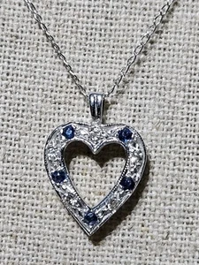 14K White Gold Diamond & Sapphire Open Heart Pendant Necklace 15-1/4" - Picture 1 of 19