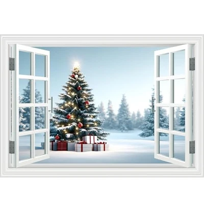 Calcomanía de pared de ventana falsa - árbol de Navidad regalo invierno nieve 16"x24" mural011 Foto 1 de 4