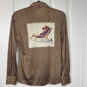 Vtg Wayne Rogers Button Up Shirt 70s 11/12 Nylon Brown Herringbone Resort Beach - Picture 1 of 10