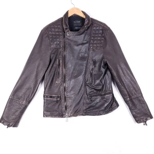 All Saints Spitalfields Quilted Leather Moto Jacket Brown XL Distressed Biker - Foto 1 di 13