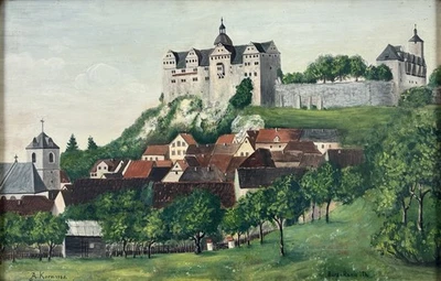 German early 20th C, A. Korn, 1928, Antique Gouache Painting, Castle Landscape - Image 1 of 4