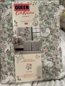Nuevo Juego de Sábanas Cath Kidston London Algodón CONEJITOS SALTADORES VERDE Floral 4 piezas REINA - Imagen 1 de 6