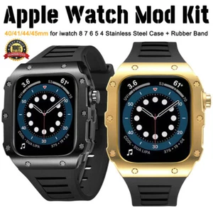 Stainless Steel Case + Rubber Band Strap Mod Kit For Apple Watch SE87654 44/45mm - Picture 1 of 42