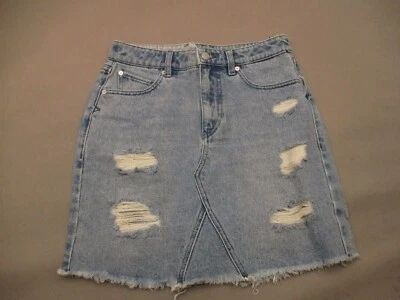 VOLCOM Size S Womens Blue Light Wash Fringe Distressed Mini Jean Skirt 740 - Image 1 of 4