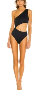 NUOVO! Costume intero Beach Riot Celine monospalla nero a costine ritaglio! S - Foto 1 di 6