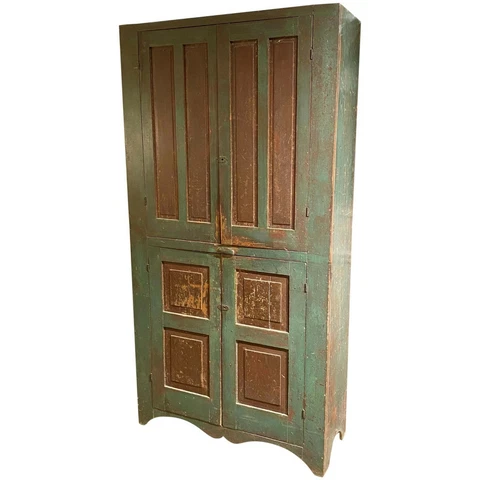 Early 19th Century New England Paneled Cupboard in Green & Reddish Brown Paint Cover