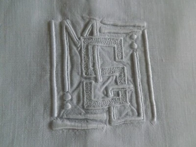 longue taie de traversin, 2.24 m, PUR fil de lin, mono M J S, ancienne - Photo 1/4