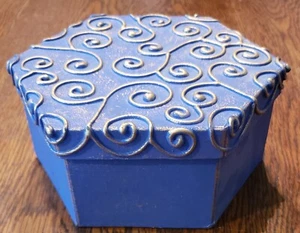 Blue w/Embossed Gold Tone Hexagon 6 Sides Cardboard Box Empty 7 x 3 Christmas - Picture 1 of 9