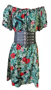 BLACK JUNGLE PRINT BARDOT STYLE SHORT SLEEVE ELASTICATED NECK DRESS 12-14 NWOT - Picture 1 of 16