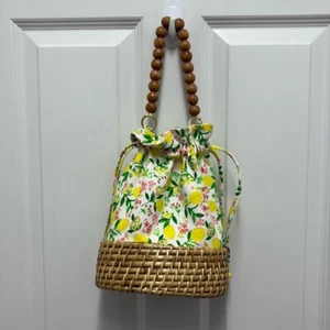 C & C California Women's Lemon Summer Floral Wicker Bag Top Handle - Picture 1 of 8